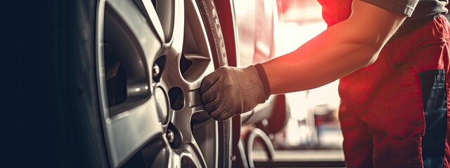 Tire changing tire repair car service shop background banner, close-up of auto mechanic hand on tire in automobile fixing garage - obrazy, fototapety, plakaty