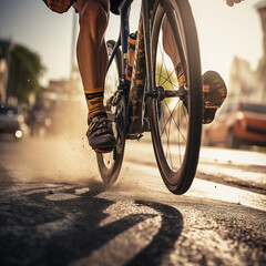 The excitement and adrenaline of a young cyclist in action with a closeup shot of legs pedaling 