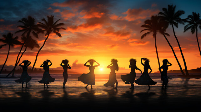 Hawaii Hula dancers on the beach with sunset