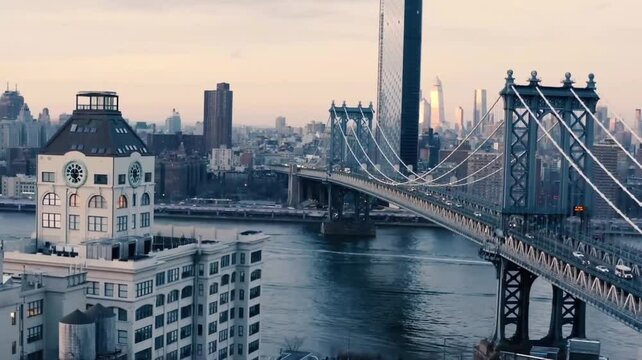 city bridge and city skyline, new york drone shot aerial view