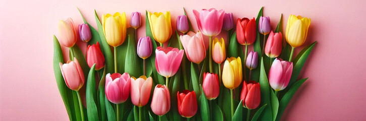 Fototapeta premium Tulips on a pink background, banner