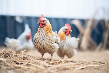 two hens cluck near a pile of hay - obrazy, fototapety, plakaty