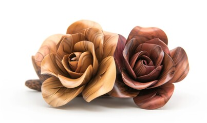 Elegant wood carving of a rose flower, showcasing exquisite sculpture art, isolated on a pristine white background