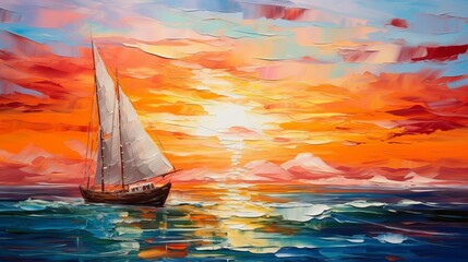 Impressionist seascape painting with boat and sun rays on canvas texture. Colorful abstract modern...