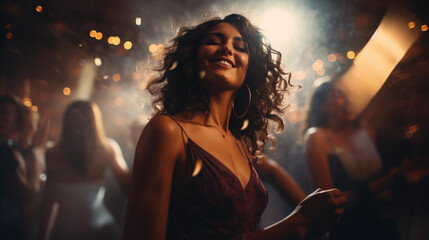 Woman dancing in a nightclub, woman with purple dress, people having fun, party, alcohol,...