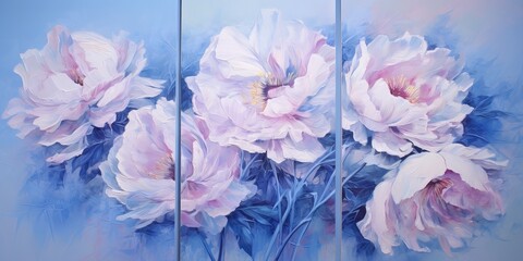 Obraz premium Collection of designer oil paintings with pink peonies on an abstract blue background. Modern abstract art on canvas for interior decoration