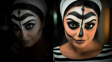 The Enigmatic Fusion, A Mesmerizing Portrait of a Woman Adorned in Striking Black and White Makeup