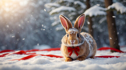A brown rabbit with a ribbon is sitting alone in the snow. a snowy midwinter scene. Generative Ai
