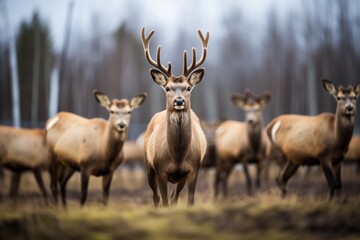 elk herd alert and looking towards camera