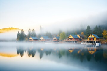 morning fog lifting, revealing lakeside cabins