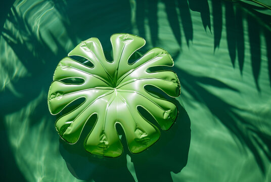 Floatable float/lilo in shape of palm leaf in pool. Holidays, summer concept. 