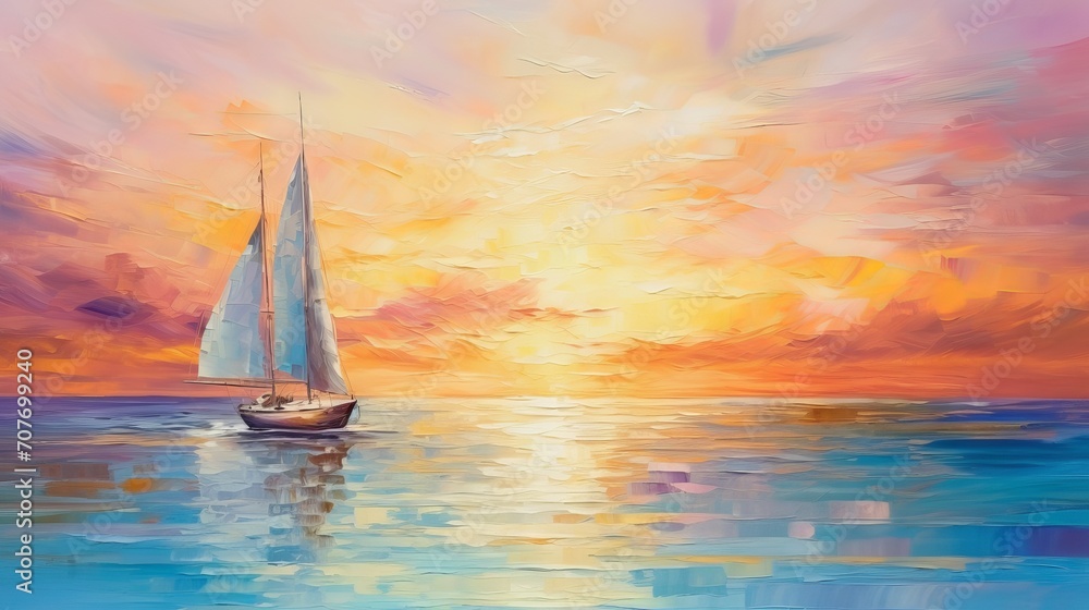 Wall mural impressionist seascape painting with boat and sun rays on canvas texture. colorful abstract modern a