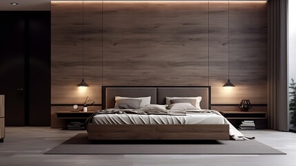 a modern bedroom with a sleek design. The focal point is a low bed with white linens, flanked by hanging lights. The wall behind the bed is covered in wooden panels