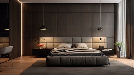 a modern bedroom. The walls are made of dark wood panels. The bed is gray and has a white headboard. There are two hanging lights above the bed.