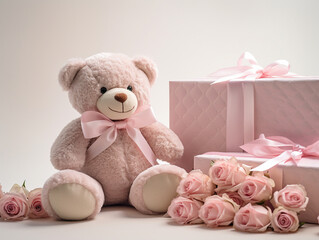 Toy bear with square gift and bouquet of tender roses.  Pastel background.