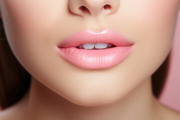 Close-up of beautiful female lips. Pink lipstick, gloss,open mouth. Makeup. Beautiful model skin. Sexy plump lips.