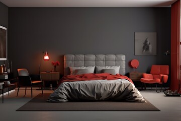 a modern bedroom. The bed is beige with an orange blanket and two pillows. There is a red armchair in the corner of the room.