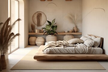 A modern bedroom with a minimalist design, featuring a bed, plants, and a shelf with various decorations.