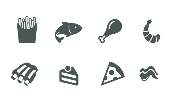 frying icon set. french fries, fish, chicken, meat, pizza, wings flat vector graphic illustration.
