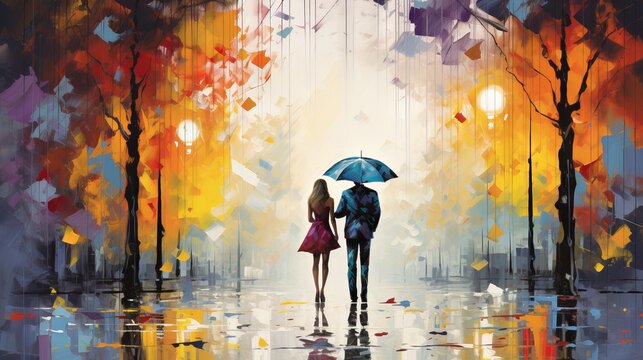 Romantic couple enjoying a rainy day under a colorful umbrella