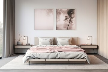 a modern bedroom. The walls are made of wood panels. The room is furnished with a bed, nightstands, and a lamp.