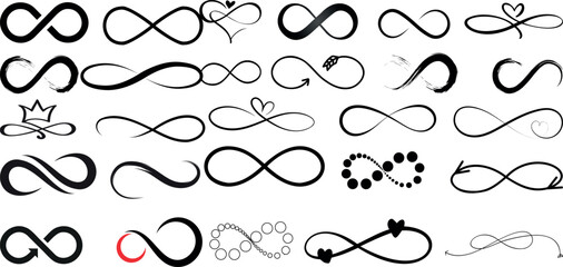 Infinity symbols collection, black lines, white background. Perfect for logo design, branding, art projects. Elegant, versatile infinity symbols for universal use