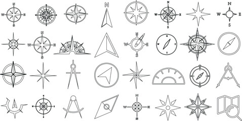 Compass, navigation, explore - a collection of compass icons perfect for travel, adventure, and exploration themes. Compass designs vary from simple to complex, traditional to modern - obrazy, fototapety, plakaty