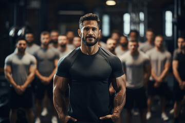 A fitness trainer in athletic wear, leading a group workout session in a gym, surrounded by exercise equipment and motivated participants. - obrazy, fototapety, plakaty