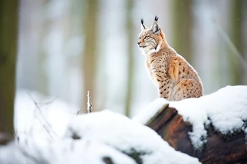 Fototapeten lynx perching quietly on a snowy forest hillock © Natalia