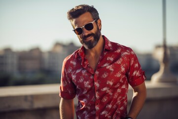 Handsome young man in red shirt and sunglasses is smiling and looking away while standing outdoors