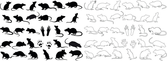 Rat Silhouettes Vector Illustration featuring a collection of rat silhouettes in various poses. Perfect for pest control, Halloween, or Chinese New Year designs.
