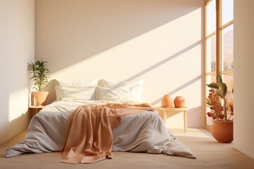 a minimalistic bedroom with a white bed, terracotta accents, and plants. The room is filled with natural light from a window, creating a warm and inviting atmosphere.