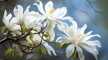 Digital painting of a star magnolia blossom with white petals and pink stamens on a green background
