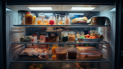 Open Fridge Full of Groceries, well-stocked refrigerator opens to reveal a variety of fresh foods and drinks, showcasing a domestic scene of abundance and organization - obrazy, fototapety, plakaty