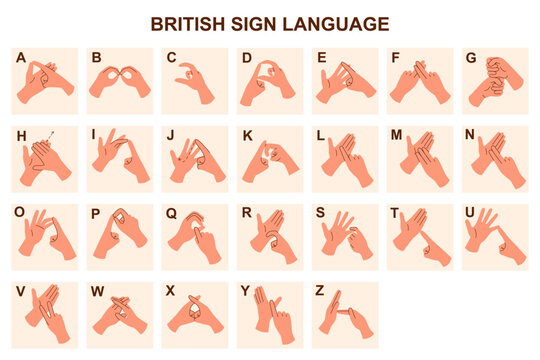 British sign language alphabet. Hands sign language.