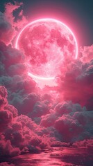 A single simple puffy light pink cloud with a moon in the sky with pink lights