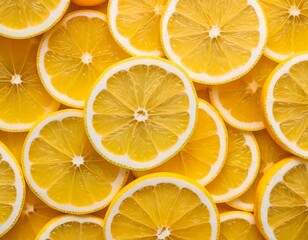 Fresh lemon slices pattern yellow background, close up