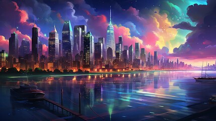 Digital painting of a cityscape with bright neon lights and dark sky at night