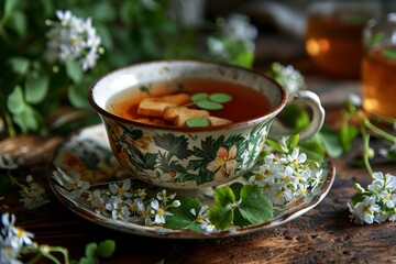 Obraz na płótnie Canvas Refreshing Cup of Moringa Herbal Tea with Beautiful Flowers