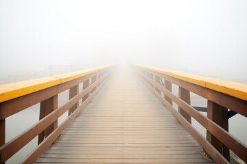 wooden footbridge vanishing in heavy fog