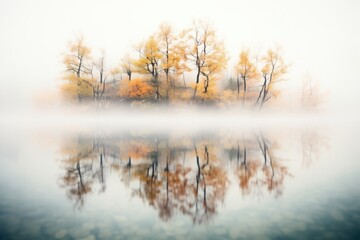 reflection of trees on a foggy river surface