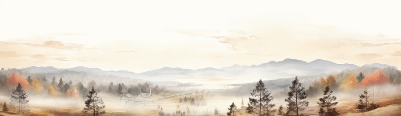 Digital watercolor painting of Panorama landscape image of Wendover Woods on foggy Autumn Morning