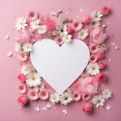 Love blossoms on valentine's day as a delicate heart of pink paper is embraced by a vibrant floral arrangement of roses and flowers