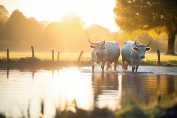golden hour glow on oxen at pond - obrazy, fototapety, plakaty