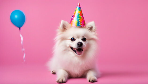 Happy Spitz  in birthday hat on pink background . Birthday concept