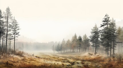 Digital watercolor painting of panorama landscape of wendover woods on foggy autumn morning. Scenic...
