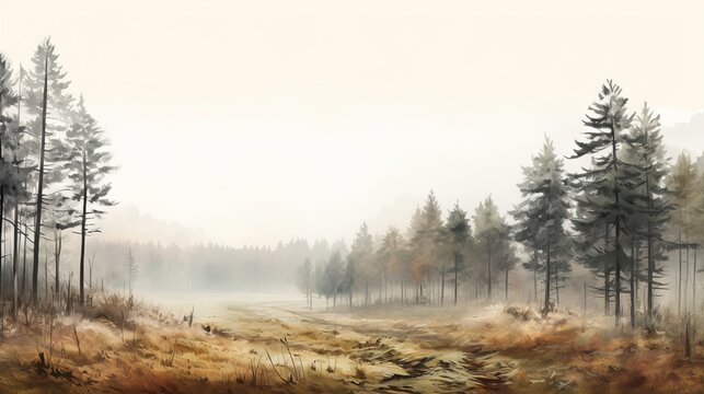 Digital watercolor painting of panorama landscape of wendover woods on foggy autumn morning. Scenic view of forest trees and hills in england.