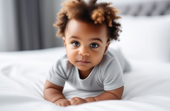 Portrait of cute little African baby wearing bodysuit lying on white beedsheets at home. Selective focus,