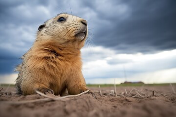 mid-chirp prairie dog with a dramatic stormy sky backdrop