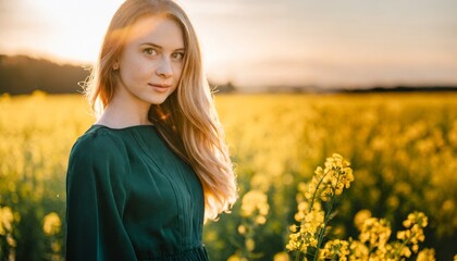 Kobieta w zielonej sukience stojąca na polu kwitnącego rzepaku. Wiosenna fotografia portretowa, wiosenne tło - obrazy, fototapety, plakaty